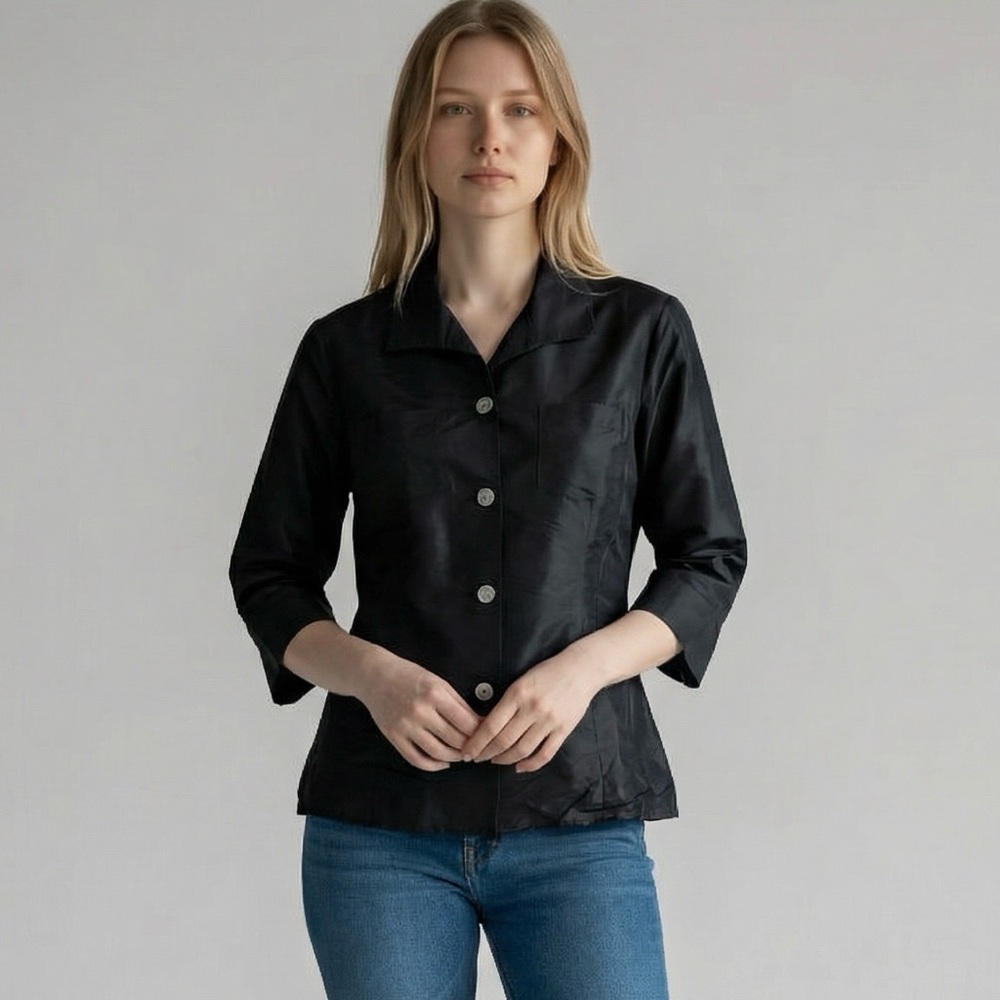 Tesori Black Silk Button-Front Blouse